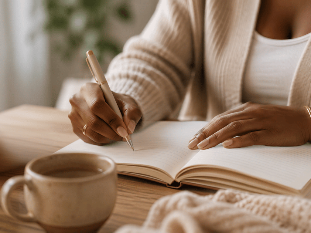 close up of woman writing in a journal reflecting a form of self care