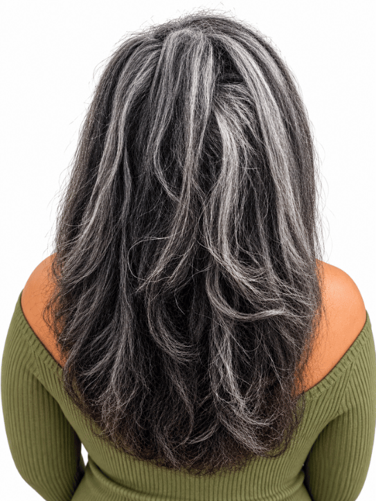 back view of black woman with silver strands
