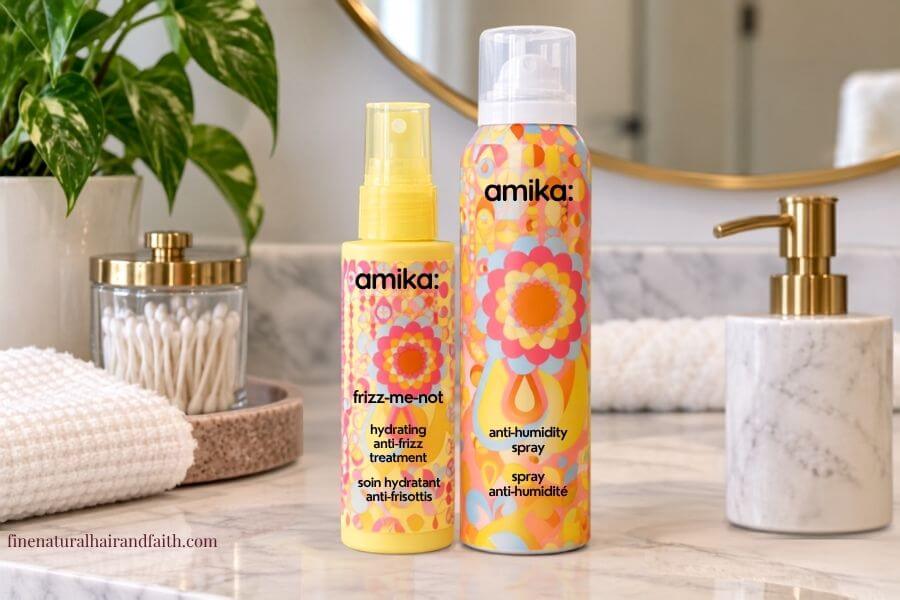 amika anti-humidity hair products on a bathroom counor when doing a silk press on natural hair