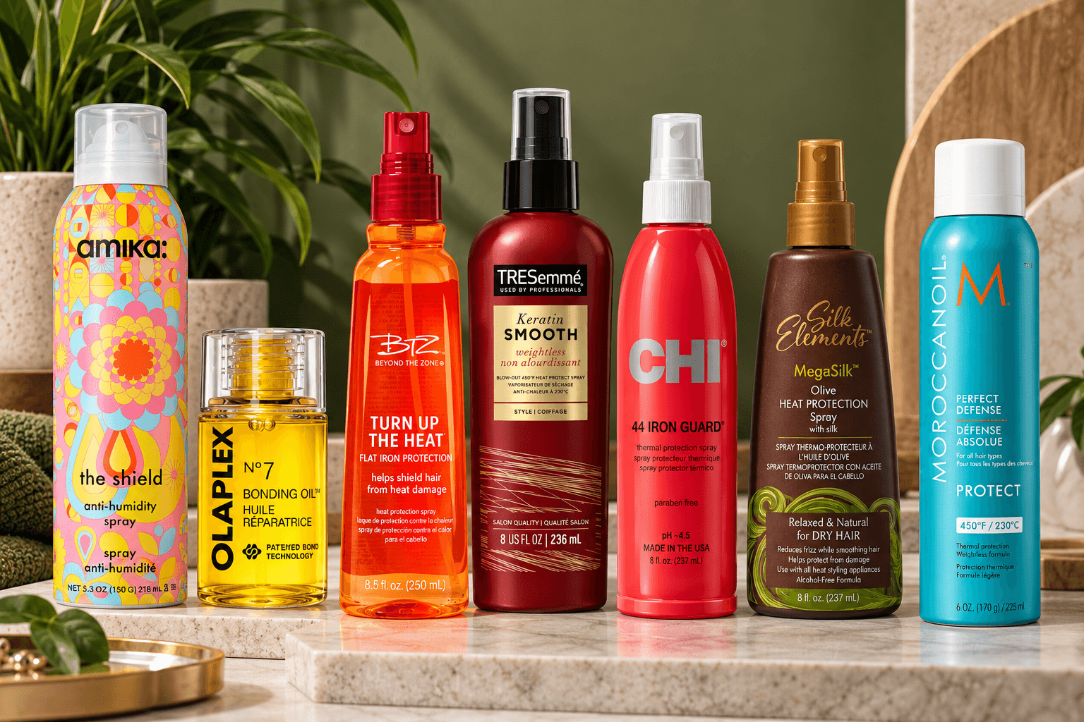 collection of seven recommended heat protectant sprays and products on a bathroom counter