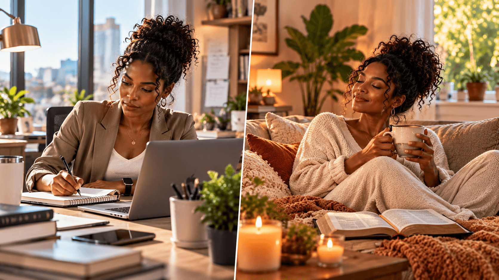 Split-screen image of a Black woman working at her desk and relaxing at home with an open Bible, illustrating Sabbath rest for Christians.