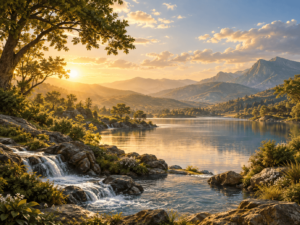 sun overlooking mountains, a stream and trees to illustrate rest on the sabbath