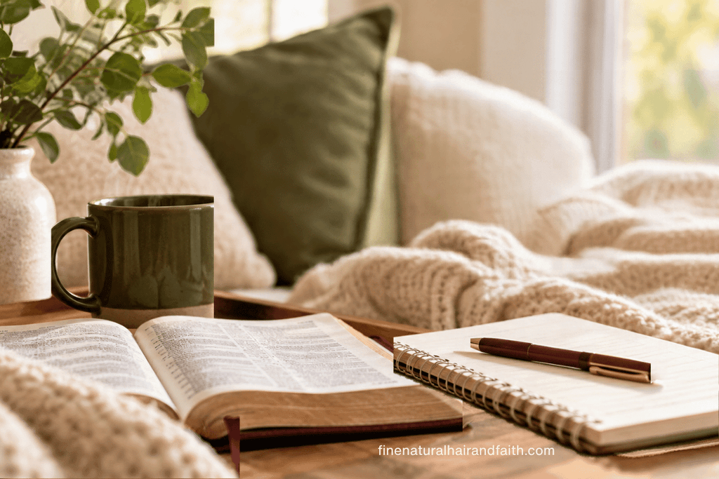 An open Bible, a steaming olive-green mug, and a notebook with a pen on a wooden tray in a cozy, softly lit setting with pillows, a blanket, and greenery.