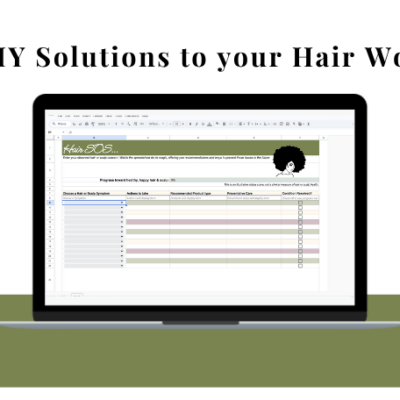 Laptop mockup displaying the Hair S.O.S. Plus interactive Google Sheets natural hair troubleshooting tool, featuring a hair concern dropdown, recommended solutions, and progress checkboxes.