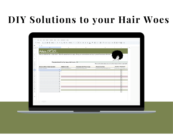 Laptop mockup displaying the Hair S.O.S. Plus interactive Google Sheets natural hair troubleshooting tool, featuring a hair concern dropdown, recommended solutions, and progress checkboxes.