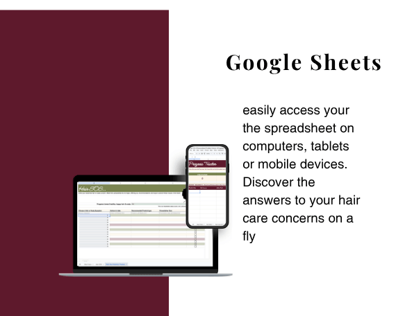 Laptop and smartphone displaying Hair S.O.S. Plus Google Sheets tools, highlighting access to natural hair care recommendations and progress tracking across devices.