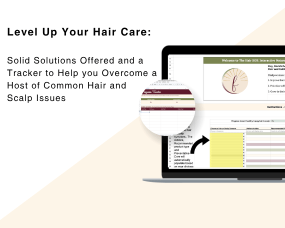 Hair S.O.S. Plus natural hair troubleshooting spreadsheet displayed on a laptop, featuring a hair concern dropdown, practical solutions, and a companion progress tracker.