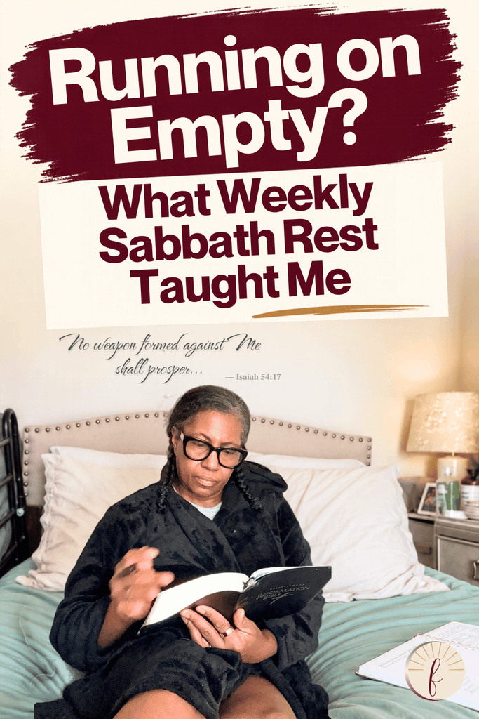 A woman sitting on her bed reading her Bible, with the headline “Running on Empty? What Weekly Sabbath Rest Taught Me.”